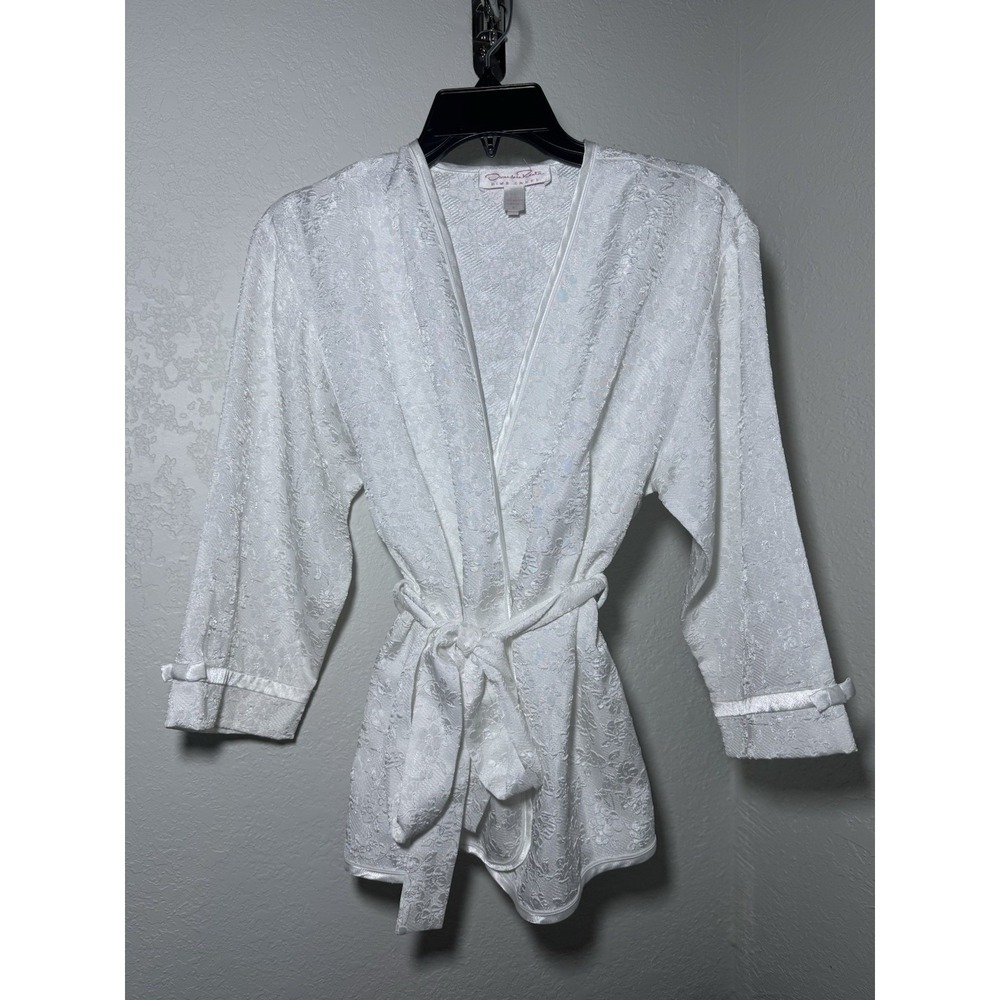 Oscar De La Renta Pink Label White Textured Bridal Robe W/ Belt Women's Sz S VTG